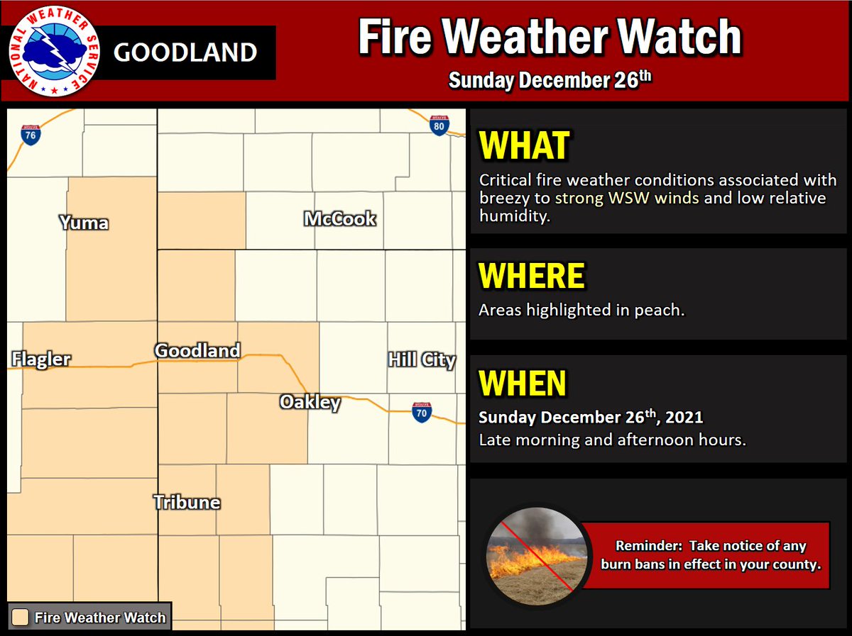 A Fire Weather Watch remains in effect for portions of the Tri-State area on Sunday December 26.  Breezy to strong WSW winds are anticipated across the entire area.  Outdoor burning is not advised. Repeating.. outdoor burning is not advised on Sunday. #KSwx #COwx #NEwx https://t.co/fK6ZhSN6Qd