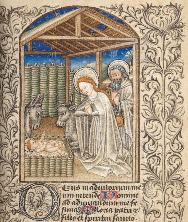 manuscriptae's tweet photo. The Nativity, with one of the most expressive oxen I have encountered in a manger scene.  Harley MS 2915, 28r, c. 1440-1460 @britishlibrary https://t.co/S0FNf6US4v