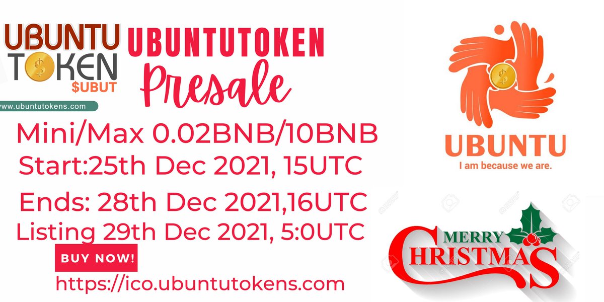 UbuntuTokens's tweet photo. ❤️UbuntuToken Presale ❤️
Last/3rd round of UbuntuToken Presale 
Start~25th Dec 2021 15:00UTC
 Ends~28th Dec 2021 16:00UTC
5B $UBUT for Sale. 
Min buy 0.02BNB
Max buy 10BNB
3rd round Presale price = $0.000035/UBUT.
Presale link: https://t.co/67F3wgYkIf
Sign up 
#IamBecauseYouAre https://t.co/eLYkU4JXYI