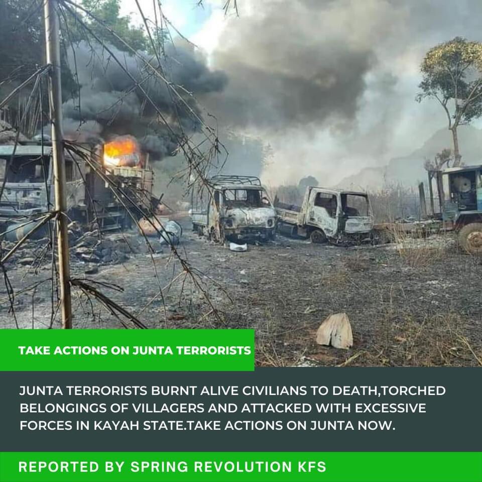 ZweYanShin2's tweet photo. On the day of Christmas Eve,Junta Terrorists burnt alive civilians to death,torched belongings of villagers and attacked with excessive forces in Kayah state. All assaults committed by Junta Terrorists must accountable as soon as possible.@UN_HRC @ICJ_org @UN
#BurntAliveByJunta https://t.co/QcJlrbKfRd
