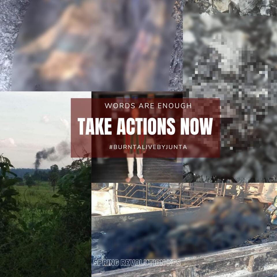 ZweYanShin2's tweet photo. Junta Terrorists Barbaric killing of unarmed civilians by burning them alive is increasing day by day in Myanmar. @UN_HRC @ICJ_org and International Community must TAKE ACTIONS now to stop #WarCrimesOfJunta and #BurntAliveByJunta ! #TakeAction_NoMoreWords https://t.co/ZwIG3e2gSe