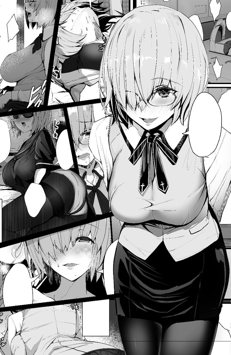 mash kyrielight monochrome greyscale breasts pantyhose glasses short hair hair over one eye  illustration images