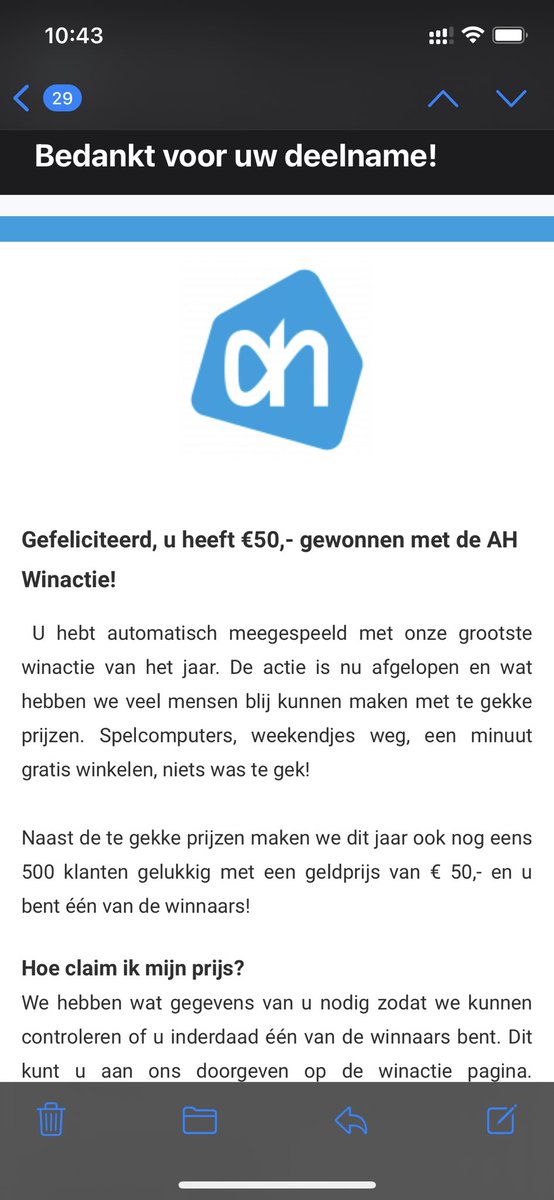Breukie75's tweet photo. @albertheijn ik neem aan dat dit phising is? https://t.co/gyMUPg4luh