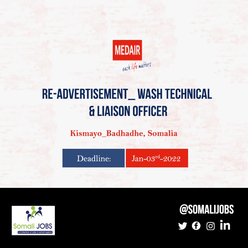 Somalijobs's tweet photo. #Medair - Re-advertisement: WASH Technical & Liaison Officer – #Kismayo/ #Badhadhe, #Somalia
APPLY NOW---->>>>>> https://t.co/dufBoJeBRc
#Somalijobs https://t.co/FXgITKKcmz