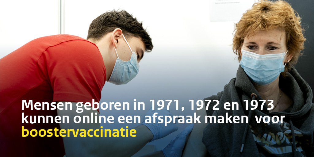Ben je geboren in 1971, 1972 of 1973 én ben je minimaal 3 maanden geleden volledig gevaccineerd of hersteld van corona? Dan kan je vanaf vandaag online, via coronavaccinatie-afspraak.nl een afspraak inplannen voor een #boostervaccinatie. 

➡️ rivm.nl/nieuws/mensen-…