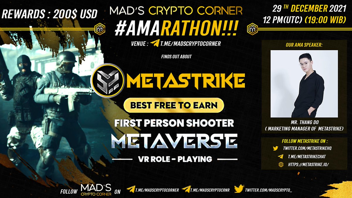 🌟 <a href="/MadsCrypto_/">Mad's 🔶</a> #AMArathon with @MetastrikeHQ ✨

🏰Venue: t.me/MadsCryptoCorn…
💰Pool: 200 of $BUSD
⏰Time: 29/12/2021 12:00PM UTC
▶️More: t.me/MadsCryptoCrnr…

🛑#AMA Rules: 
🔸Follow us &amp; @MetastrikeHQ
🔸Join Telegrams
🔸Like &amp; RT
🔸Comment questions &amp; Tag 3 friends