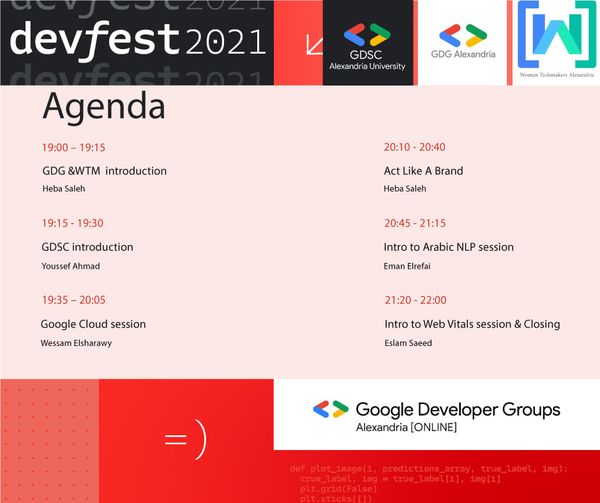 Reka9's tweet photo. Check the Agenda for #DevFest21
Be ready for Event....

The event will be online. Check this link, https://t.co/huYwRWV6Hq

Sign up, RSVP, and join the event at 7 pm today :D @GDGAlexandria @WTM_Alex @gdgmena 

#DevFest2021 #GDG #WTM #GDSC #DevFest https://t.co/FJRoSZu4ua