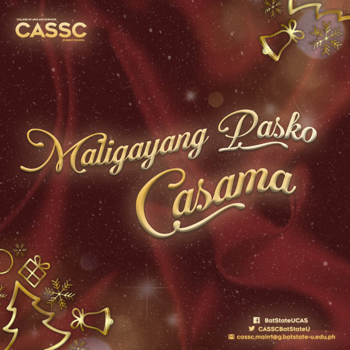 CASSCBatStateU's tweet photo. On this celebration of love, new hope and happiness, the College of Arts and Sciences is wishing you and your loved ones a blessed, safe and happy Christmas. 

Let the spirit of Christmas nurture your heart and home with joy and love.

Merry Christmas, CASama!❤️ https://t.co/QeSaQ9DWDP