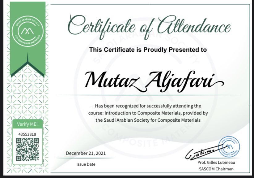 mutaz_JT's tweet image. Am pleased to become a member and finish my first course with the Saudi Arabian Society for Composite Material (@SaudiComposites ): Introduction to Composite Materials. Looking forward to future courses and lectures. 

#composites #SASCOM
