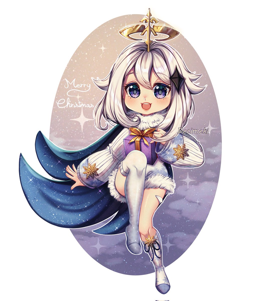 Decimekii's tweet photo. Merry Christmas and Happy Holydays ! 💫

Finally had times for a little christmas drawing ! Wanted to make a fanart of Paimon but in christmas outfit ! ❄

Also are you ready for all this christmas gifts ? I am ! Can't wait to have them !💫
#GenshinImpact #paimon #chrismas https://t.co/7jX9o0xeD6