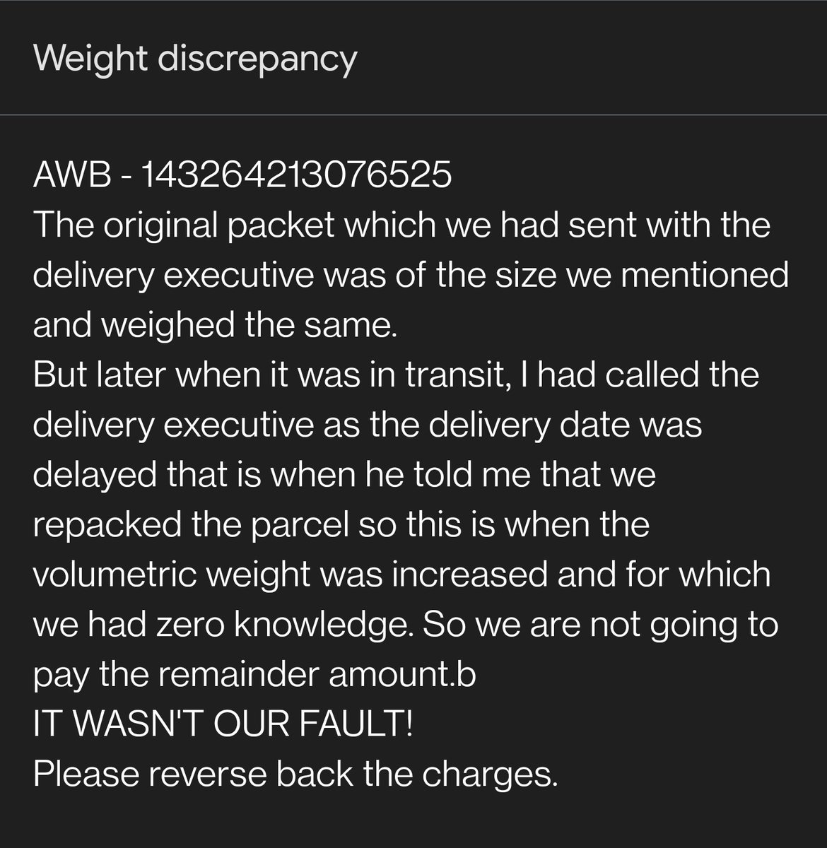 IABClothings's tweet photo. @ShiprocketIndia  @zomato 
AWB number - 143264213076525
We had shipped with this packaging and the courier company changed the packaging and the @XpressBees_IN changed it and the volumetric weight I was charged for is 23 kgs!
A 700/- change from original.
Please help ASAP !! https://t.co/lngyd64Gyh