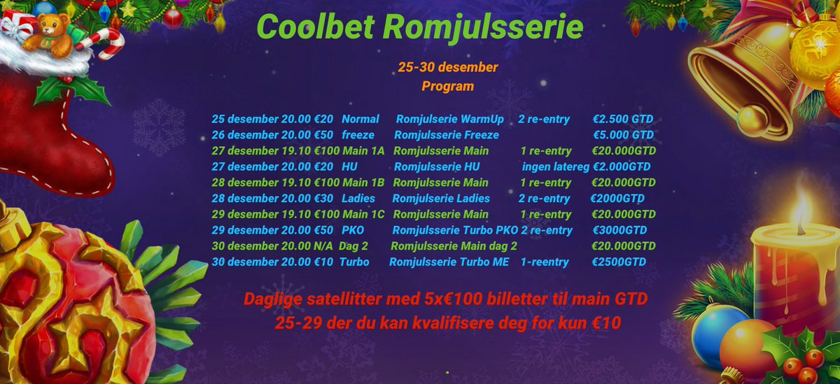 🎅Poker giveaway🎅
I dag starter Romjulsserien i poker hos Coolbet. Første øvelse er €20 Romjulsserie WarmUp kl 20.00

Vi gir bort tre billetter til kveldens turnering

✅Følg oss
✅🔁
✅ Skriv pokernicket ditt

Shuffel up'n deal ♠️♥️♣️♦️
#2poker #onlinepoker #poker