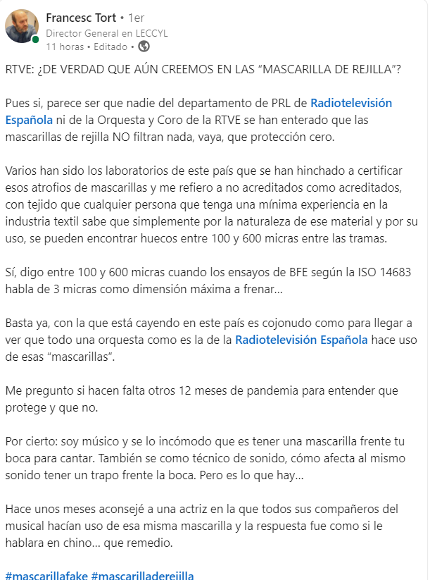 urgenciasemerge's tweet photo. Aquí opinión de profesional sobre el tema de las mascarillas de rejilla (mosquiteras, pesca peces, etc...) y la maravillosa idea de @rtve y @OCRTVE. Telita... https://t.co/h6xuF2Pi8D