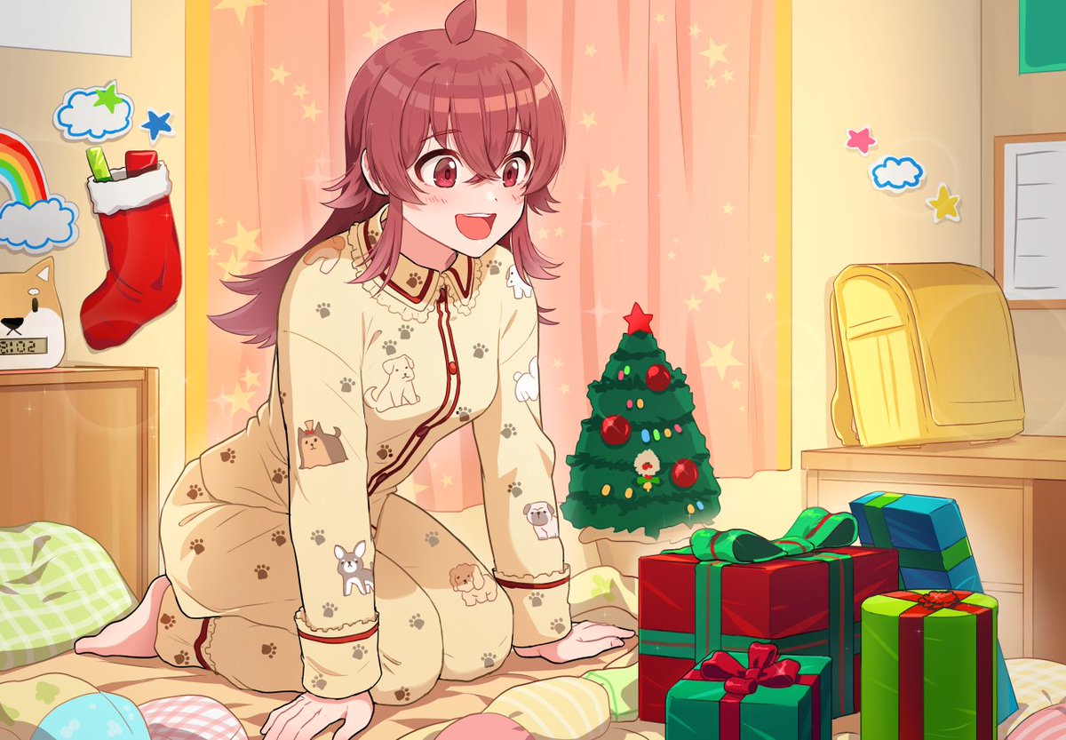 komiya kaho 1girl solo christmas tree pajamas gift red hair red eyes  illustration images
