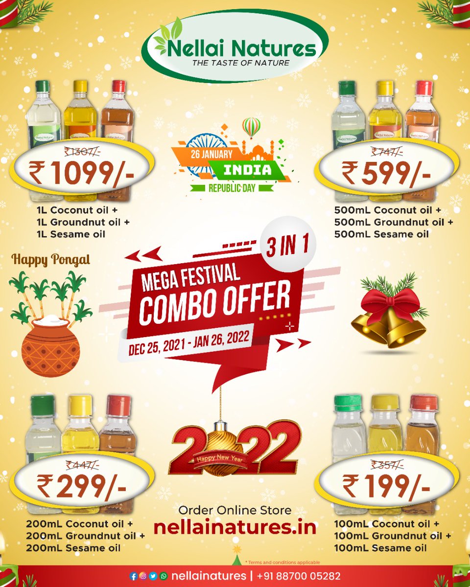 BalanSurya007's tweet photo. We are having a huge discount Mega Festival special sale from December 25, 2021 to January 26, 2022 with mega offers.

Be quick, the order stock is very limited.

#nellainatures #combo #chirsmasoffers #newyear2022 #newyearoffer #pongal #pongaloffer #republicday #republicdayoffer https://t.co/dFsaxcvZh6