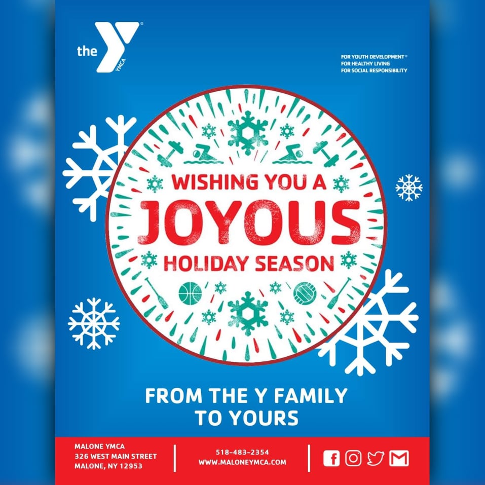 MaloneYmca's tweet photo. The Malone YMCA will be closed today, 12/25. 
We will re-open on Monday, 12/27 at 6:00 AM! 

Happy Holidays from the Y Family, to yours! 

#happyholidays #YMCA #MaloneYMCA https://t.co/DEWKCH0I4u