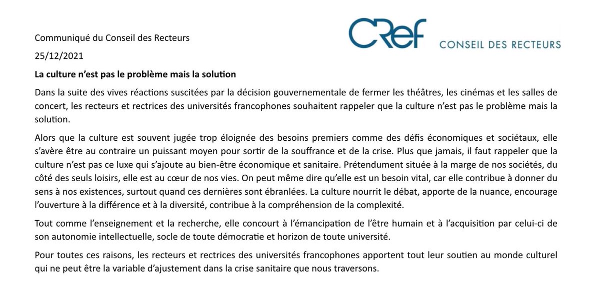 Annick Castiaux (@anikcastillo) on Twitter photo Les rectrices et recteurs des universités belges francophones apportent leur soutien au monde culturel qui ne peut etre une variable d'ajustement dans la crise sanitaire <a href="/vincentblondel/">Vincent Blondel</a> <a href="/pierre_jadoul/">Pierre JADOUL</a> <a href="/PierreWolper/">Pierre Wolper</a> <a href="/PhilDubois4260/">Philippe Dubois</a> #AnnemieSchaus Les rectrices et recteurs des universités belges francophones apportent leur soutien au monde culturel qui ne peut etre une variable d'ajustement dans la crise sanitaire <a href="/vincentblondel/">Vincent Blondel</a> <a href="/pierre_jadoul/">Pierre JADOUL</a> <a href="/PierreWolper/">Pierre Wolper</a> <a href="/PhilDubois4260/">Philippe Dubois</a> #AnnemieSchaus