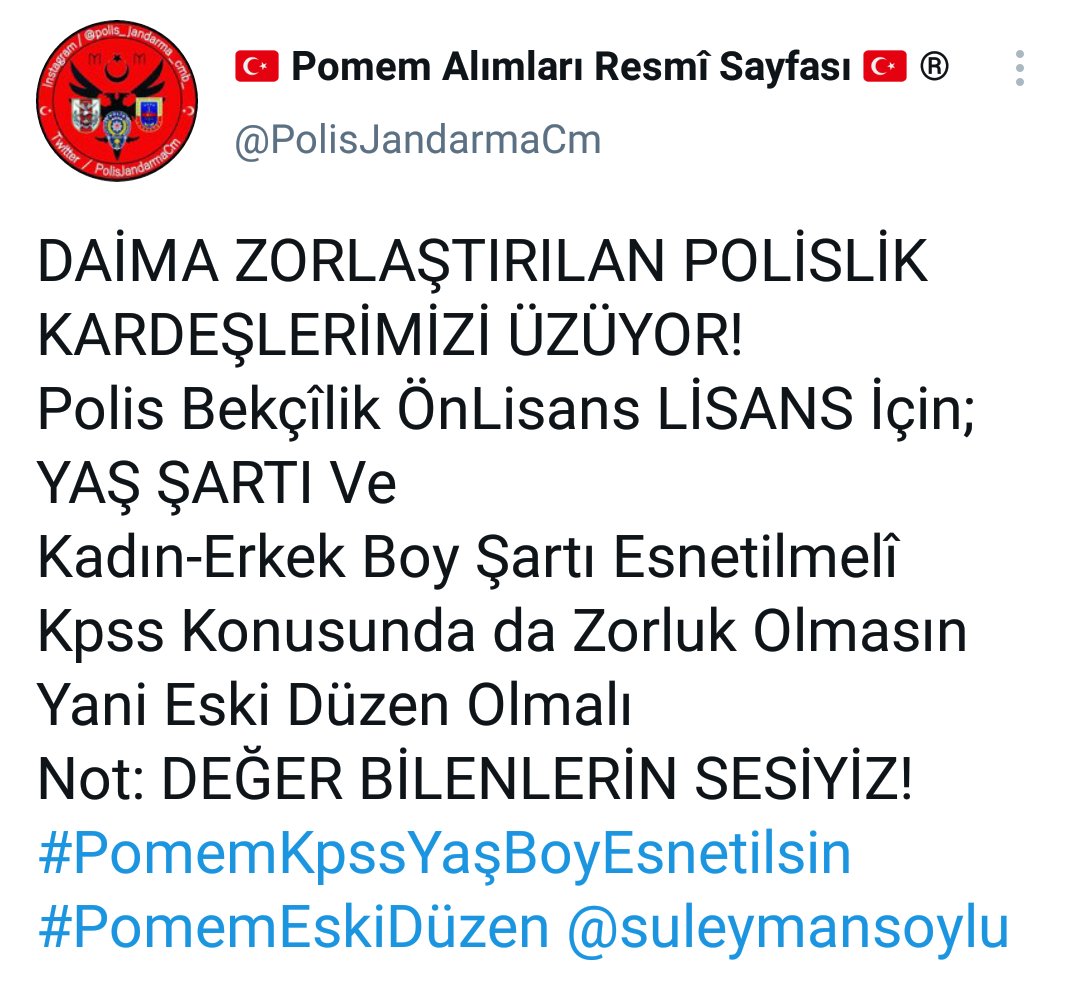 #PomemKpssYaşBoyEsnetilsin
#PomemEskiDüzen
#PomemYönetmelikMağduru
instagram.com/polis_jandarma… ⬅Sizler İçin Çalışmalar Yaptığımız Instagram Sayfamızı da Takip Edebilirsiniz 👍