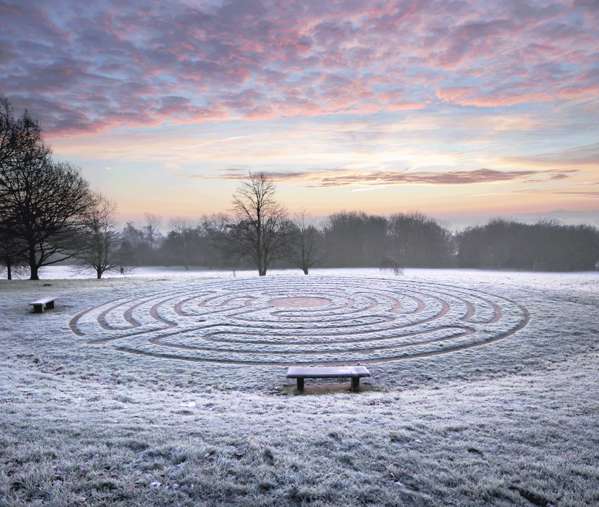 Frosty sunrise of labyrinth at our Canterbury campus.