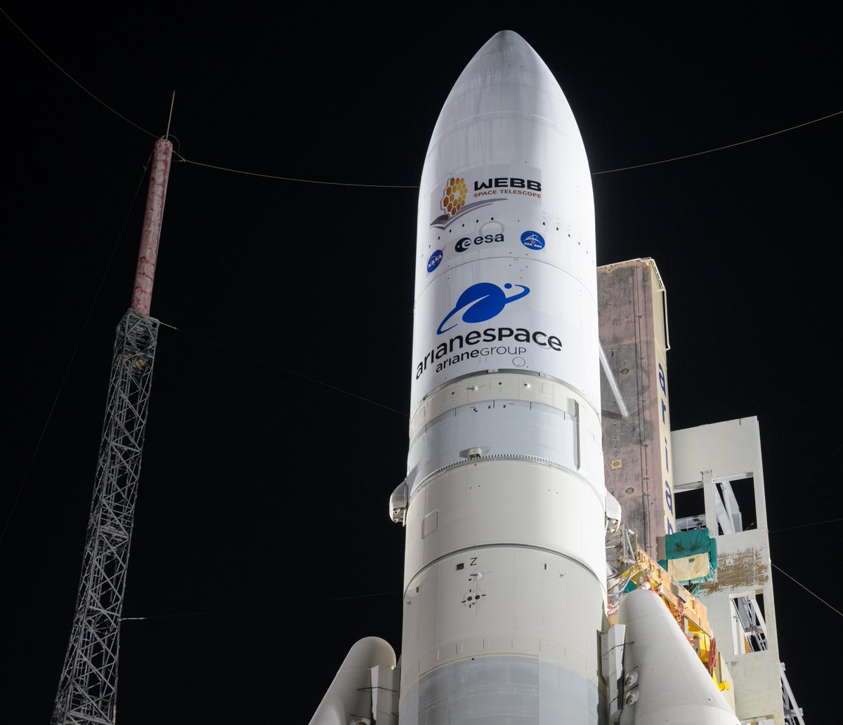 NASAWebb's tweet image. Rocket: fueled ✅
 
Webb’s launch vehicle, an @ariane5 rocket, is all fueled up. Launch is still scheduled for no earlier than 7:20 am ET (12:20 UTC). Read more: go.nasa.gov/3epvPPy
