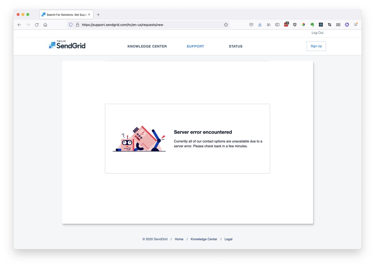 emersonthis's tweet photo. @SendGridSupport Status page says everything is operational but your support page isn't currently loading. https://t.co/b3bPlvlC6B