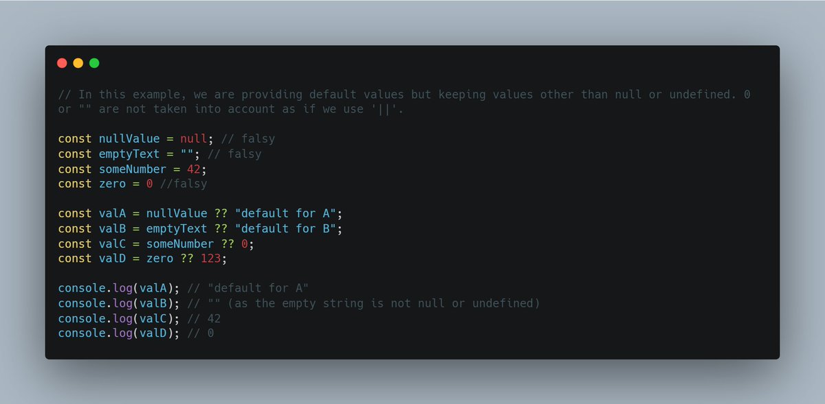 lpwjoel's tweet photo. JavaScript Nullish coalescing operator (??)

Are you using it already?  

#javascript #JavaScriptmas #nullishCoalescing #programming #tipOfTheDay #lpwj #javascriptTips https://t.co/0tKHPaWuFM