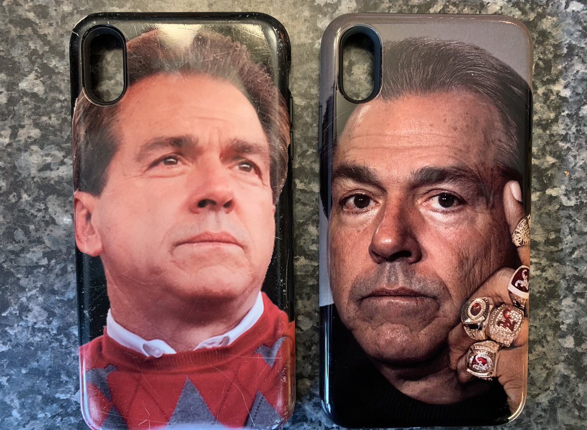 Stephrolltide's tweet photo. This year my husband @MattSparkySmith decided I needed a new Nick Saban phone cover. Total upgrade. Love it! #RollTide #nickchick #roadto19 https://t.co/Zd0PdHE3UH