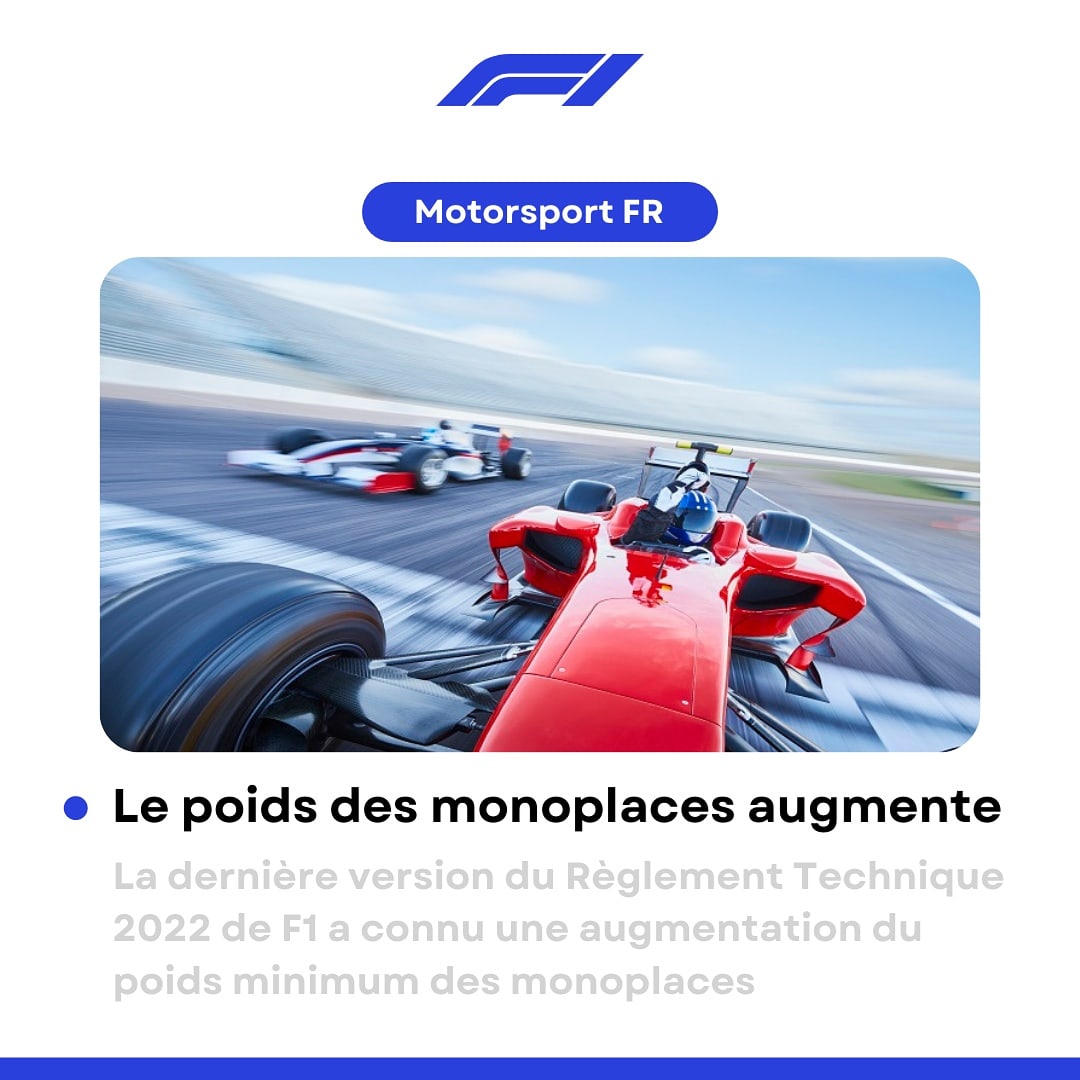 _InsideF1's tweet image. 🔵 Le Poids des #Monoplaces augmente encore ! ⚖️

La dernière version du Règlement Technique 2022 de #F1 a connu une augmentation du poids minimum des #monoplaces en scène de la nouvelle génération de voitures ! 🏎️

( @Motorsport_FR )