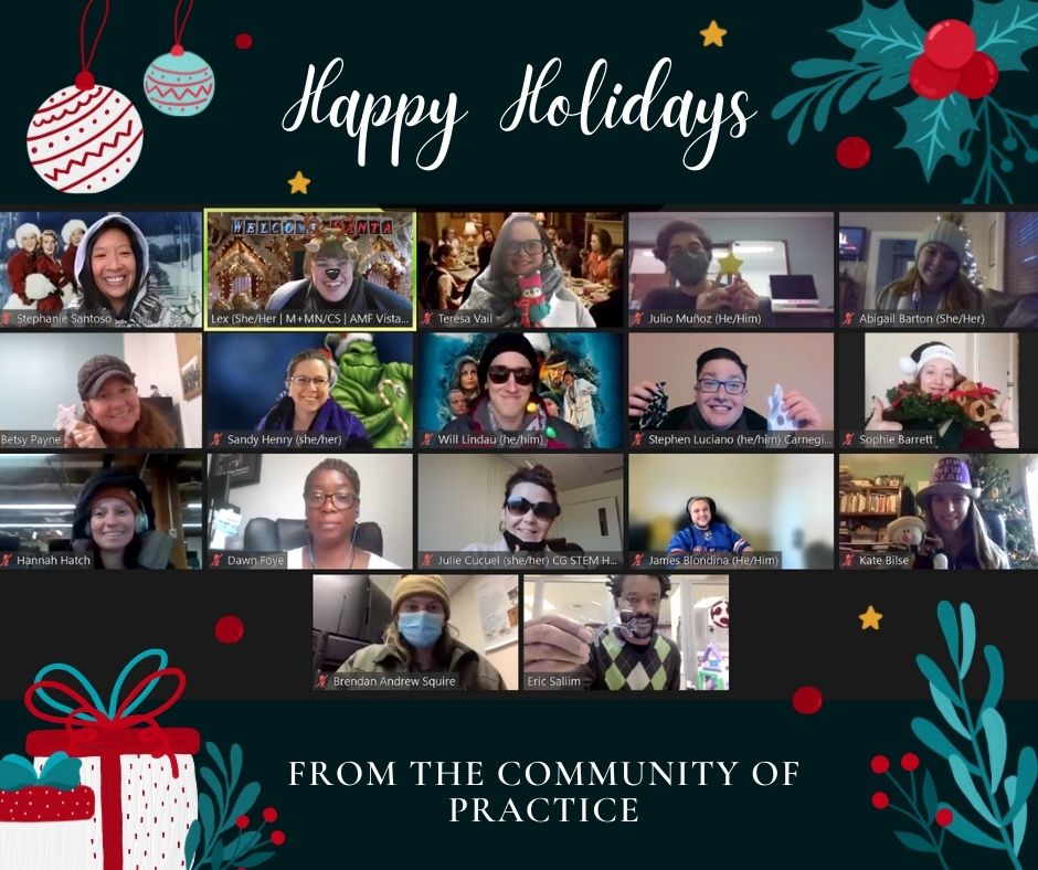 makers_mentors's tweet photo. Happy Holidays from our Community of Practice! โ๏ธThis photo was taken during our annual holiday mixer. Our CoP was asked to grab some festive gear from around their house or makerspace. #holidays #festive #christmas #community #zoomfun #makered https://t.co/xs3j3YLgXJ