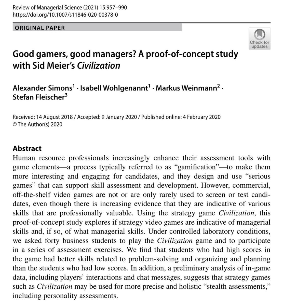 Virtual world conquest as a stealth assessment of real skills: Business school students who are good players of Civilization V also turn out to be better planners, organizers, and problem-solvers, in this small proof-of-concept experiment. link.springer.com/article/10.100…