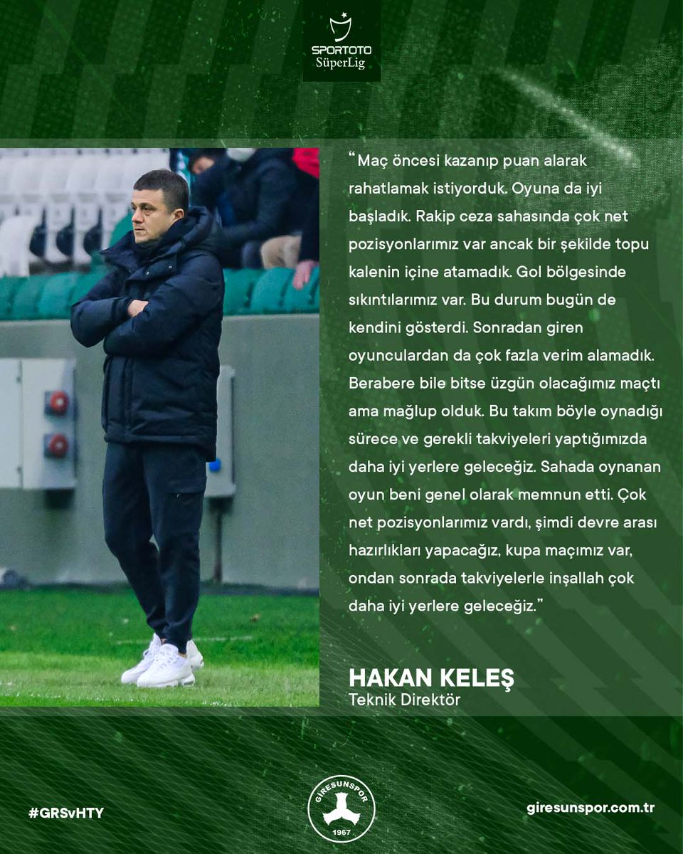 Giresunspor's tweet photo. Teknik Direktörümüz Hakan Keleş, A. Hatayspor maçı sonrası açıklamalarda bulundu.

#GRSvHTY https://t.co/5ma6QVqUMO