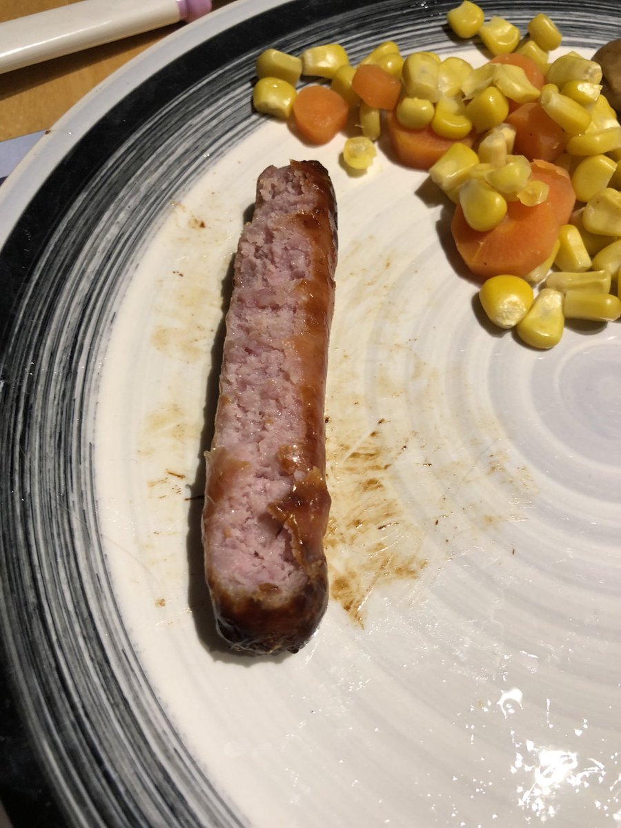 kitchncc's tweet photo. 4 year old was asked to eat half her sausage - simply cannot argue with this result https://t.co/L9baM8ARWR