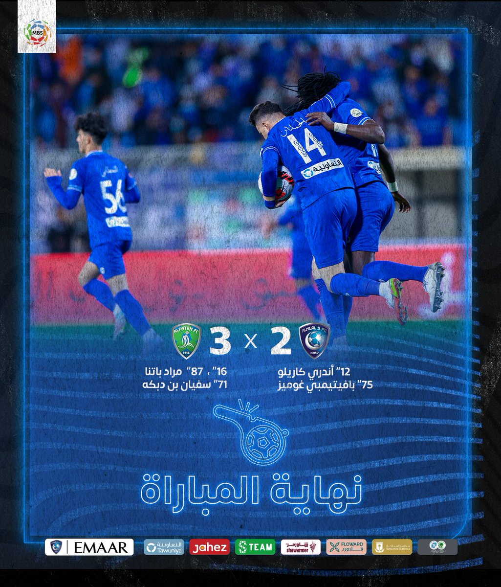 Alhilal_FC's tweet photo. ⏰ نهاية اللقاء 

#الهلال ٢ x ٣ الفتح
#الهلال_الفتح

⚽️ @18andrecarrillo
⚽️ @BafGomis https://t.co/eywIOPx1V9