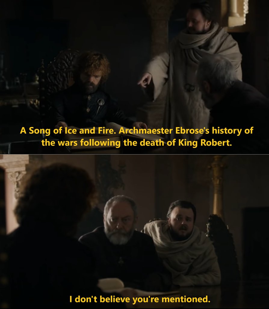 RedditFreeFolk's tweet image. In Game of Thrones S8 (2019) it's revealed an incompetent Maester did a crappy job adapting the events of the show in to a book. This is a reference to the crappy job the incompetent show-runners did adapting the books in to a show. @ r/FreeFolk &amp;gt; ift.tt/3Eq6wY3 #Gameo…