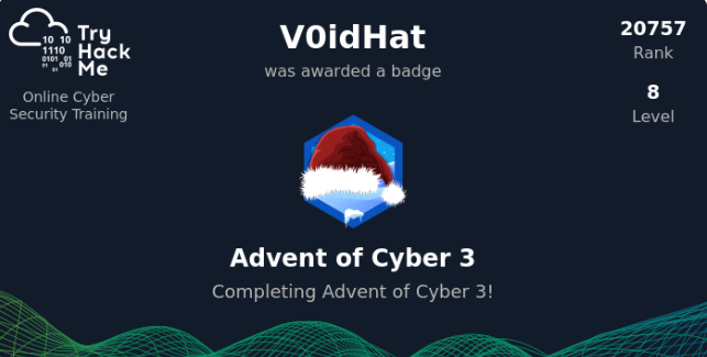 ParvMishra's tweet photo. Completed #AdventOfCyber3 @tryhackme  ....

Liked it and got some great insights into new tricks and concepts of CyberSecurity. 
:)
Thanks @tryhackme 
{excited for the results 😁}
https://t.co/U4o9cEB8Xz #tryhackme https://t.co/6CXUH5hxOz