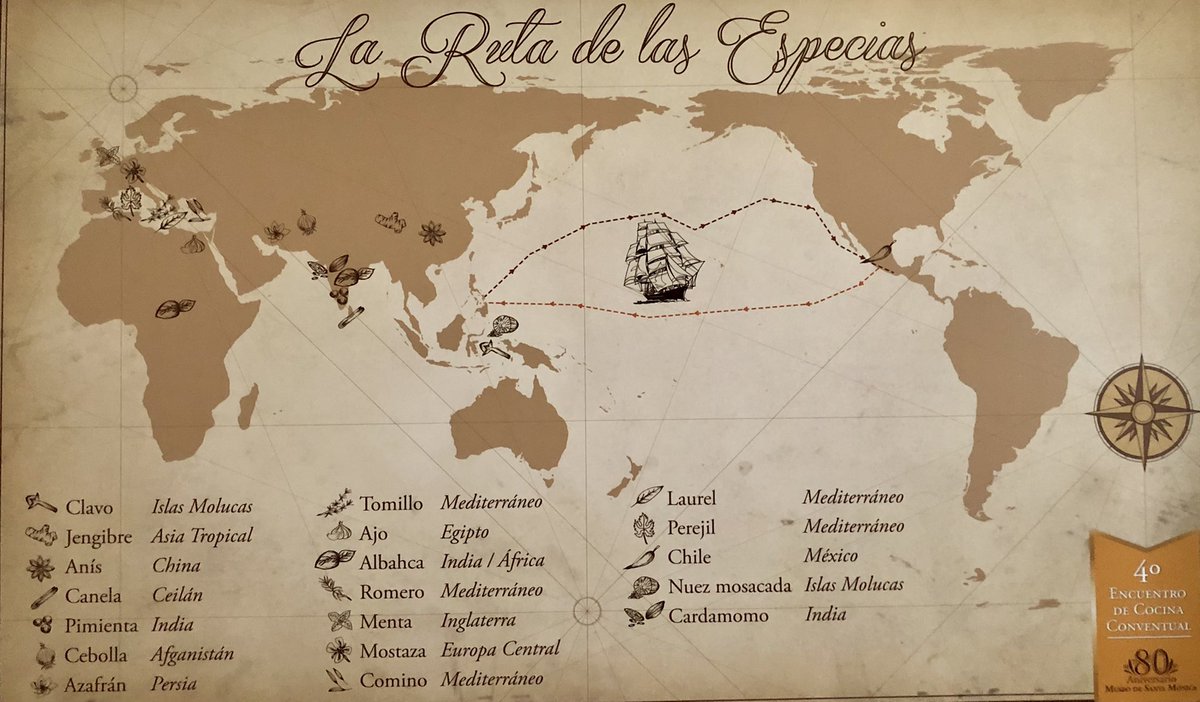 Cuauhtemoc_1521's tweet photo. Y tú sabes el origen del anís, del ajo, del  romero, clavo jengibre y canela? Comparto este mapa donde se aprecia la ruta de las especias a la Nueva España principalmente a través del Galeón de Manila. Sin duda que la #CDMX fue la capital de América desde el siglo XVI https://t.co/6RSuh5LiR0