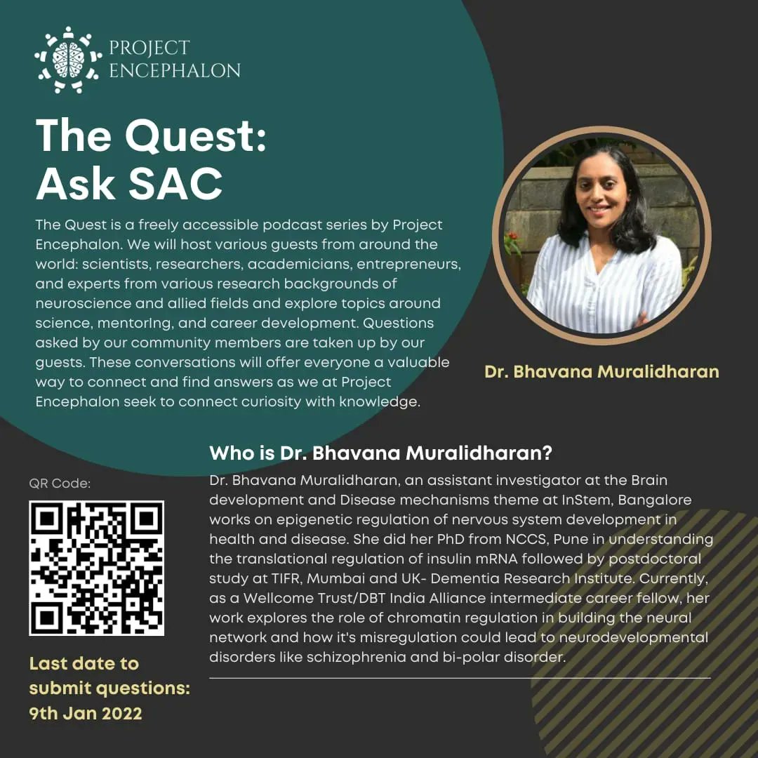 prjctencephalon's tweet photo. We are here with a new podcast🎙️and an astonishing guest, Dr. Bhavana Muralidharan! She works on epigenetic regulation of nervous system development in health and disease.💫Feel free to post📨 your questions at the given link: https://t.co/1D4cxiAJ50. Last date: 9th Jan 2022. https://t.co/SFiQDnpoBn