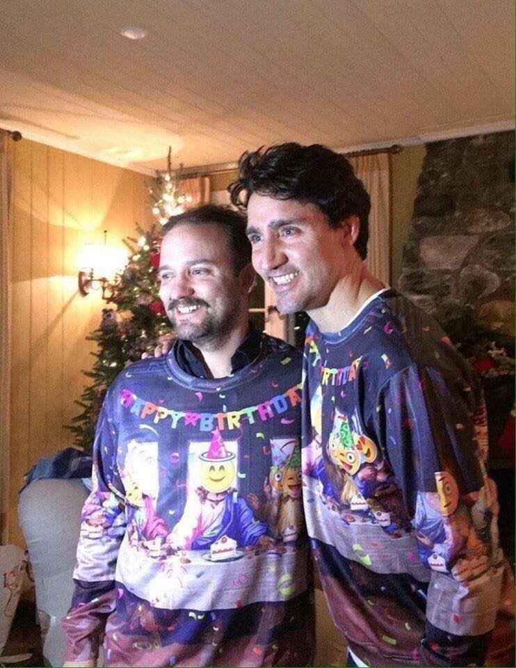 TomTSEC's tweet photo. Here is the Canadian Prime Minister and his brother wearing sweaters that mock Christmas and Christians.

#greatreset https://t.co/t8ayssJ68x