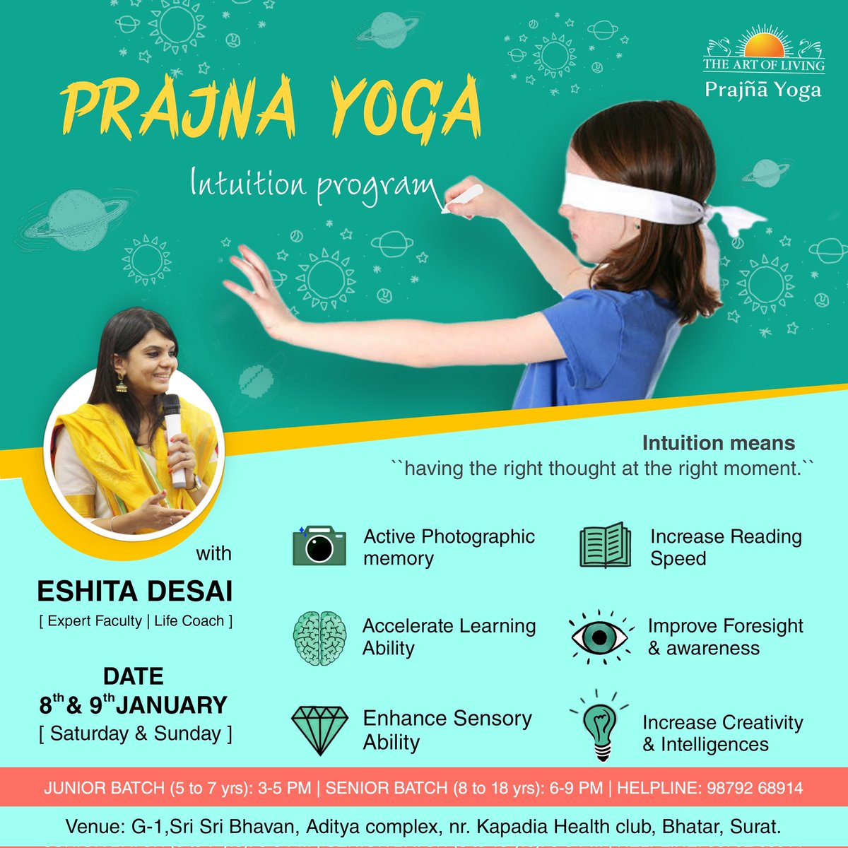 ESHITADESAI's tweet photo. Don't just make your child smart with technology; make your child Intuitive
Conducting Prajna Yoga (#IntuitionProgram) after a long time for #Children
8 & 9 January
Junior Batch 5-7yrs
Register https://t.co/8yO3ZPslL6
Senior Batch 8-18yrs
Register https://t.co/gUGdKmU4NJ https://t.co/tlahZOglhT