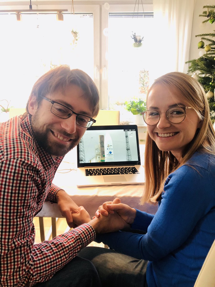 KarinaVoggel's tweet photo. My sister documented the pre launch worry & excitement of these two astronomers @MatBethermin. We were so stressed she had to tell us to smile 🤣 What an amazing Christmas present today 🎁 #jwst #launchmas https://t.co/2rADmIKtfY
