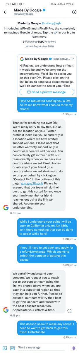 raghavsy's tweet photo. @sundarpichai was excited to get my hands on my Pixel 6, however disappointed with the resolution to my device/issue. https://t.co/N4pTYjEdds