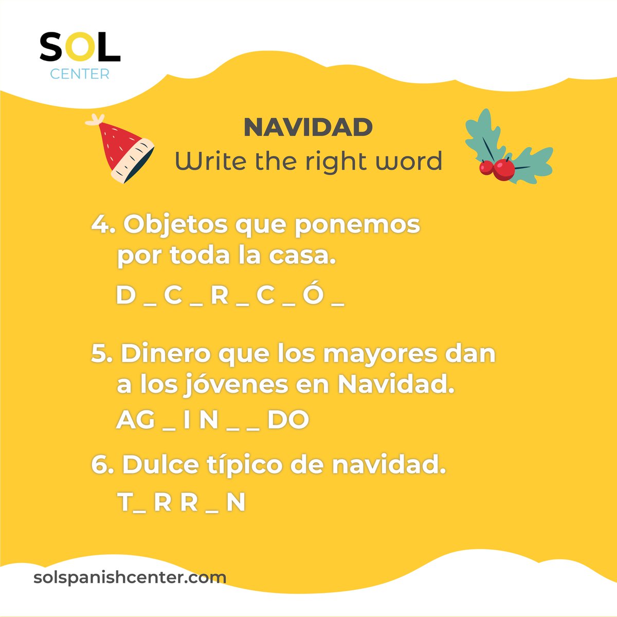 solcentersp's tweet photo. 🇬🇧 Christmas vocabulary! 🎅 Ready? 🎄 ⤵Leave your answer in the comments below.
🇪🇸 ¡Vocabulario de Navidad! 🎅 ¿Preparados? 🎄 ⤵Deja tu respuesta en los comentarios #Navidad #espanol #Christmas2021 https://t.co/7bpYVI2GGc