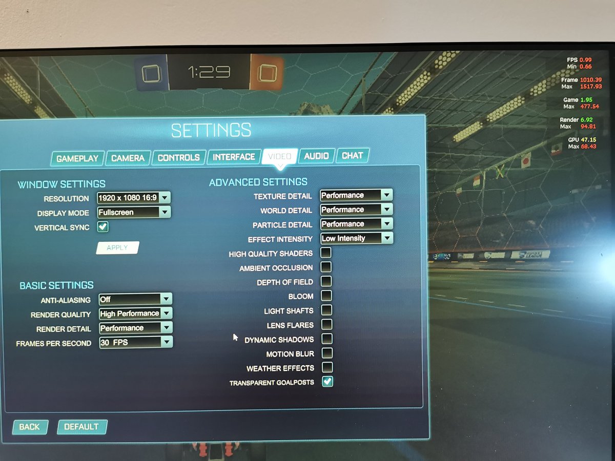 Simp_Chaos's tweet image. Even if I put everything at the lowest setting, my Rocket League can only be played at 1fps 🤣