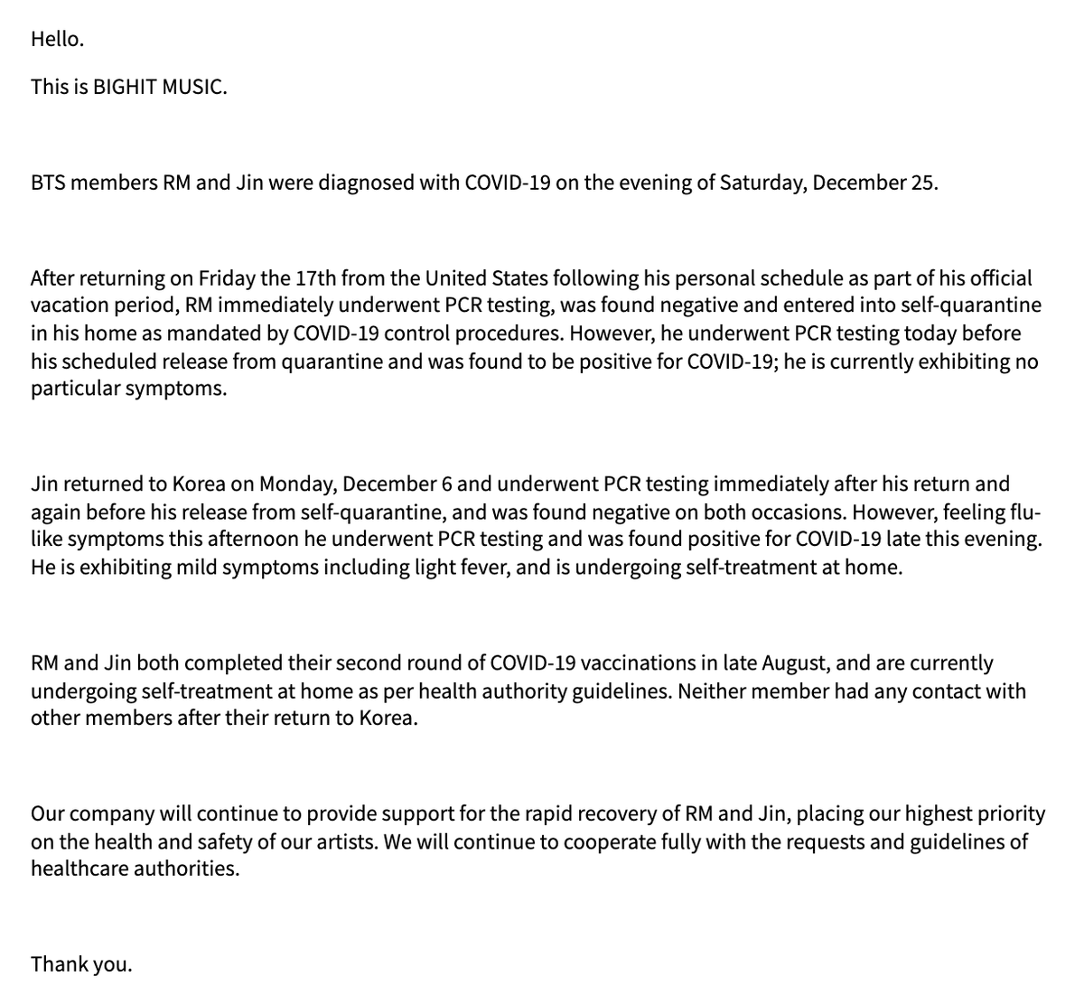 BTSdailyinfo's tweet photo. [WEVERSE] 211225 @BTS_twt

Positive COVID-19 Diagnosis of BTS Members RM and Jin &amp; Measures Taken

🔗 (https://t.co/RNZklYppNH) https://t.co/M2Y8xe05t8