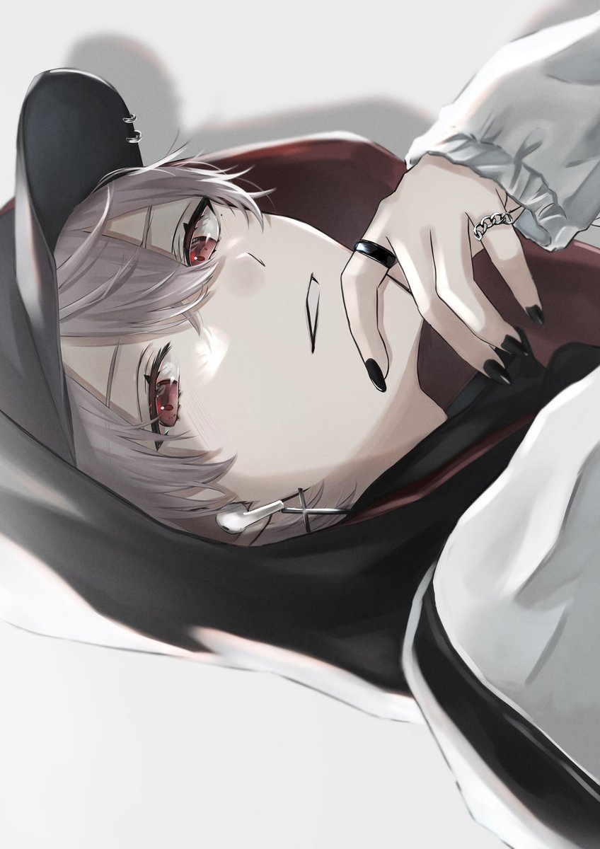 kuzuha (nijisanji) 1boy male focus hood jewelry red eyes solo black nails  illustration images