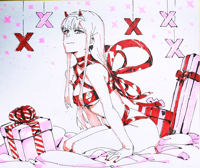 ちょっと納得いかなかったから、もう一個、クリスマスゼロツー色紙。
#ダーリンインザフランキス #ゼロツー 