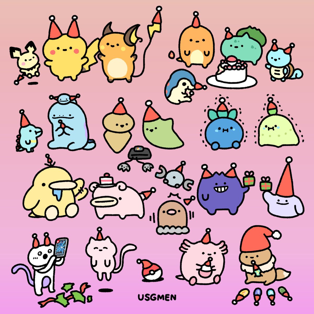 no humans hat pokemon (creature) food santa hat party hat pink background  illustration images