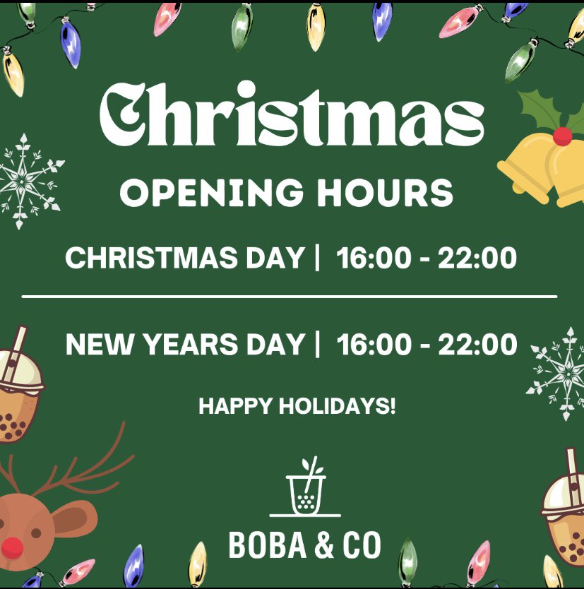bobaandcouk's tweet photo. It’s officially the holidays 🤩

There will be some changes to the store opening times during Christmas and New Year’s Day 

But don’t worry, we’ll still be here to satisfy your bubble tea cravings 🥰

Check us out on delivery platforms today https://t.co/OXSpn6JESr