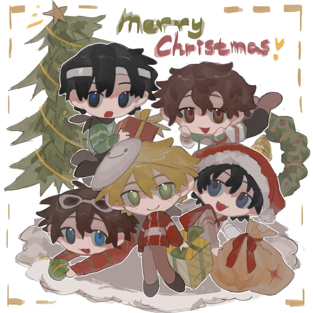 christmas multiple boys brown hair santa hat chibi christmas tree male focus  illustration images