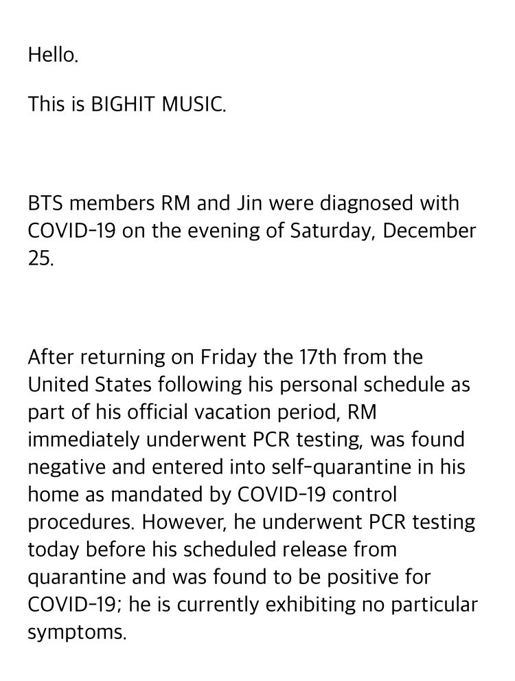 BTSMY_ARMY's tweet photo. [WEVERSE NOTICE]

RM and Jin were diagnosed with C0VID-19 on the evening of Saturday, December 25

We pray for the fast recovery to you guys! We purple you Namjoon and Jin 😭💜

#GetWellSoonNamjoonAndJin https://t.co/pP3wqRWotD